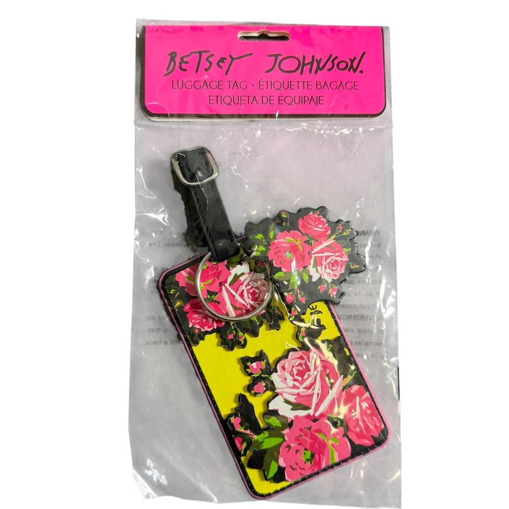 Betsey Johnson Floral Luggage Tag Yellow Pink Rose 3D Travel ID Label New